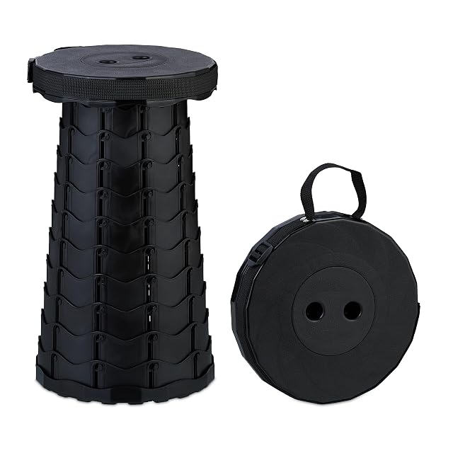 Tabouret télescopique Relaxdays noir, replié et déployé