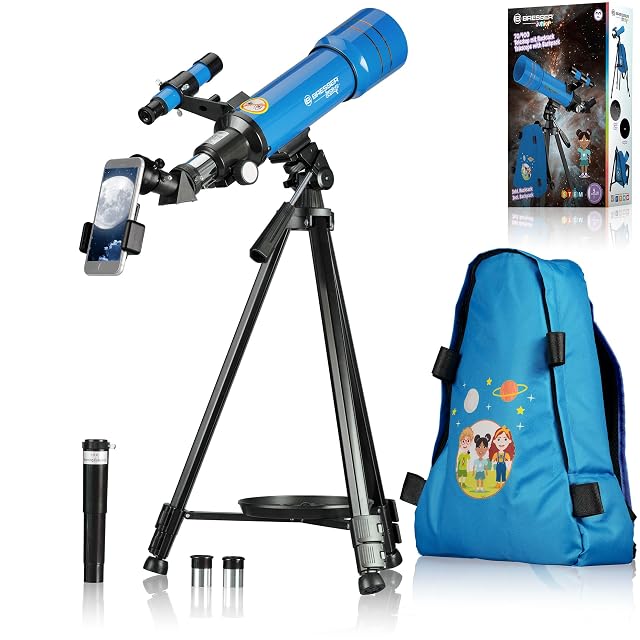 Lunette Bresser JUNIOR 70/400 sur son trépied avec le sac à dos fourni