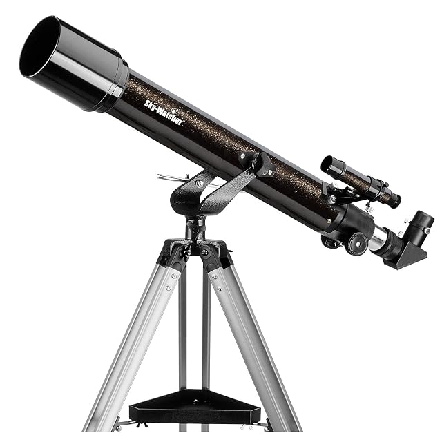 Lunette Sky-Watcher Mercury-707 argentée sur son trépied aluminium